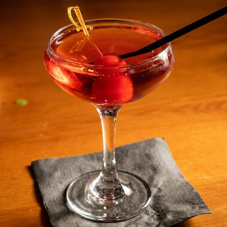 A red cocktail with cherries and a sword pick sits on a gray napkin on a wooden table.