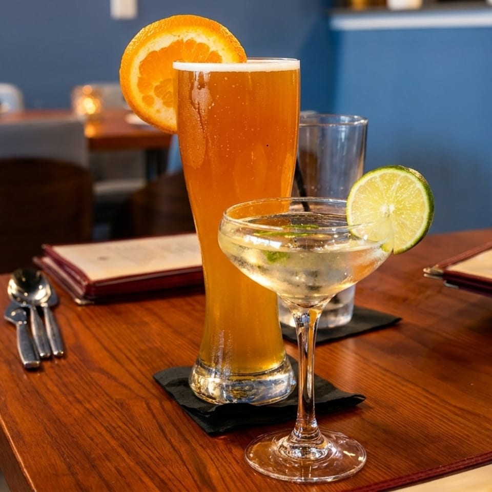 A beer with an orange slice and a cocktail with a lime on a wooden table in a restaurant.